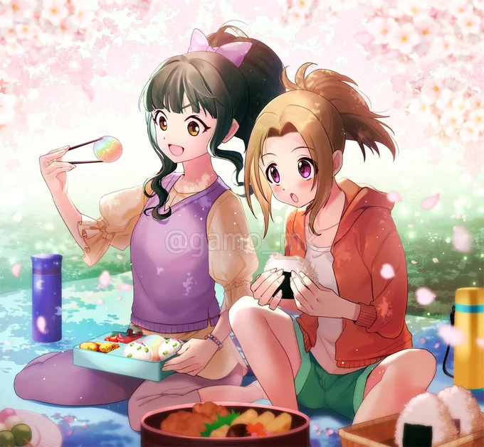 「見ていつきちゃん!今日はレインボーおにぎりを作ってきたのよ!」
-----------
先ほどskebさんに納品してきました。
「お花見で、花より団子な花見弁当で盛り上がる藤居朋と真鍋いつきさん」です。
二人ともたくさんお食べ。
#藤居朋
#真鍋いつき 