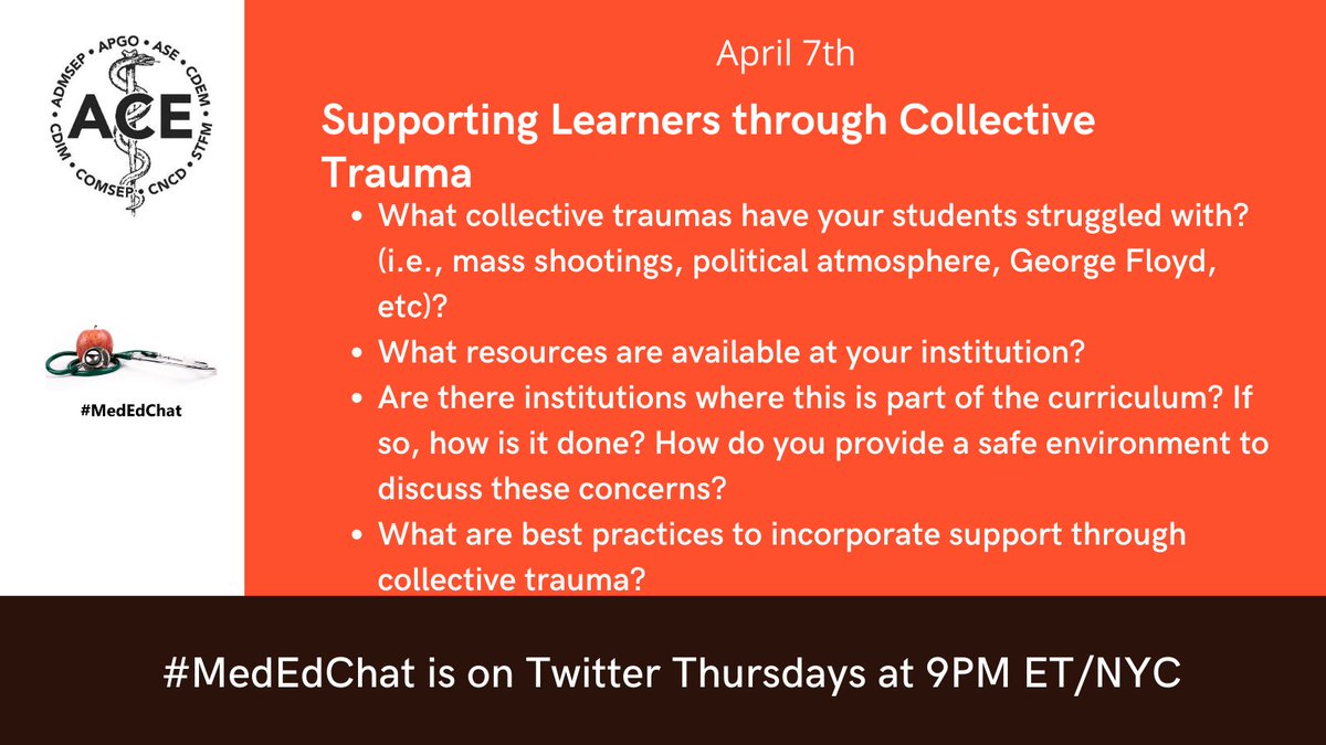 Don't forget to join #MedEdChat tonight!  Great topic and timely given all that is going on in the world!

9PM ET/NYC

#HMIChat #meded