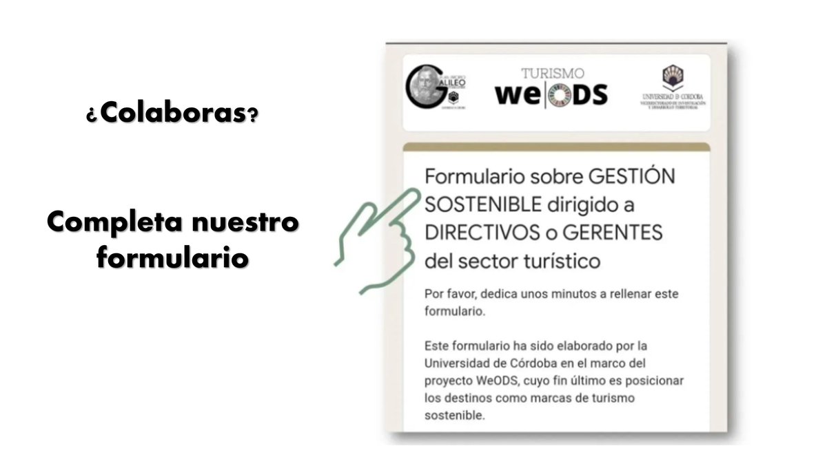 ¿Aún no has colaborado? Necesitamos tu colaboración para posicionar los destinos como destinos turísticos sostenibles 😊 Sólo tienes que completar el siguiente formulario 👉 forms.gle/id4C5T1XeKxa5e… Mil gracias a los que ya habéis colaborado #WeODS #ODS #TurismoSostenible