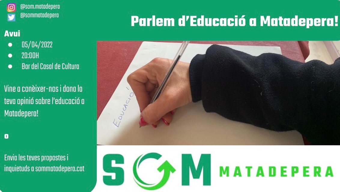 Comencem a moure'ns! Avui a les 20:00 h estarem al bar del Casal de Cultura parlant sobre l'educació al nostre poble.

També podeu enviar els vostres dubtes, a la nostra web sommatadepera.cat o bé un missatge directe a Instagram o Twitter!