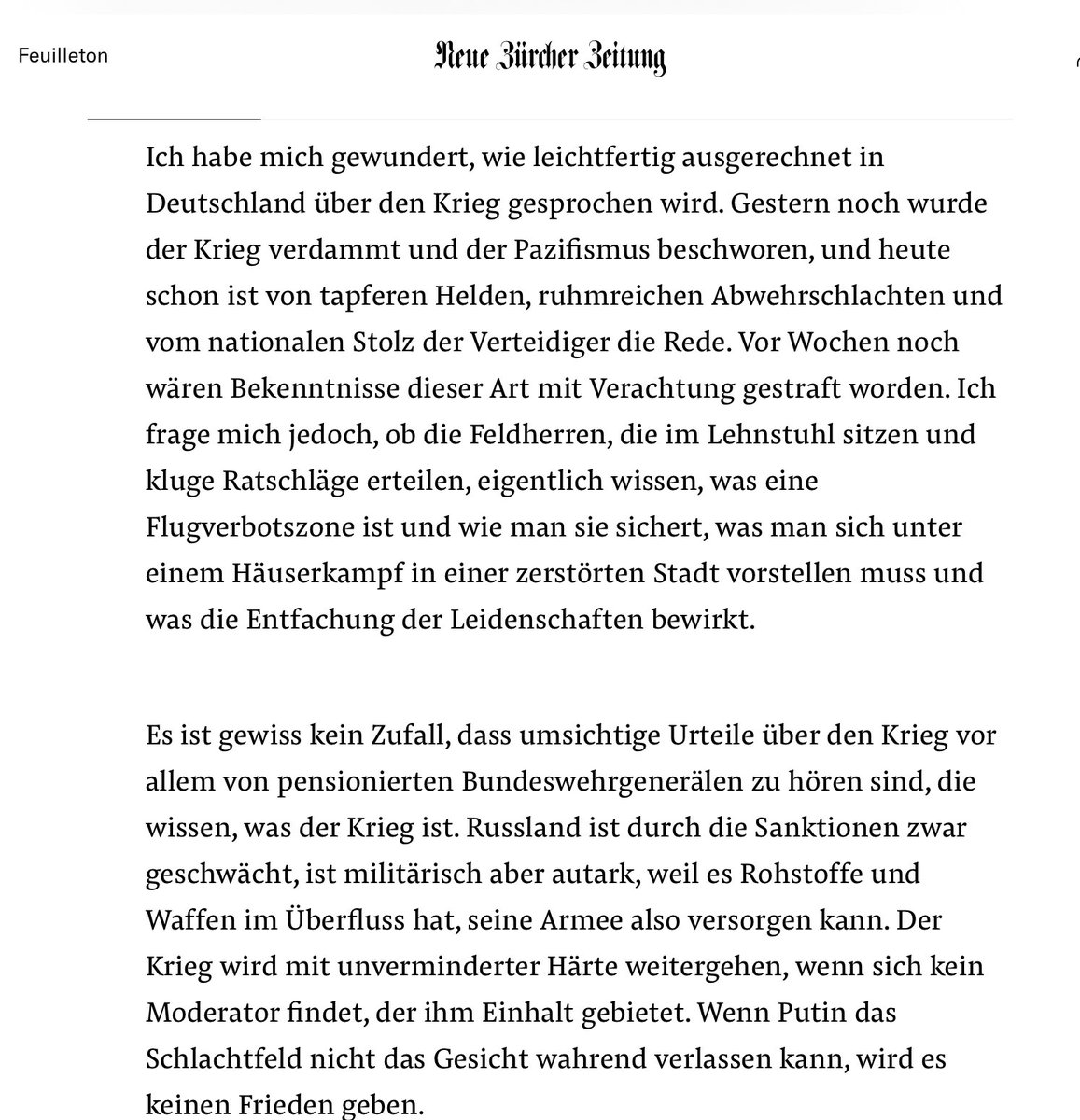 es ist schon lustig, dass so leute wie baberowski, die einst als militaristen gescholten wurden, jetzt mahnende töne anschlagen, während der linksgrüne zentrismus, der immer noch ein pazifistisches selbstbild pflegt, immer bellizistischer wird.