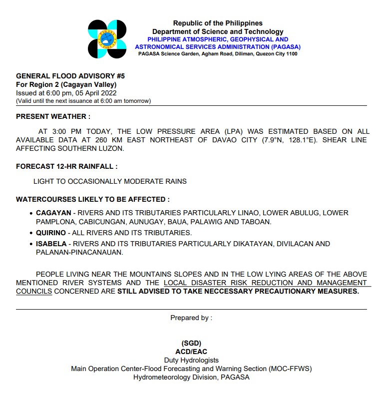 dost_pagasa's tweet photo. General Flood Advisories (GFAs) - 1/3
Issued @ 6PM, 05 April 2022
Region 2 (Cagayan Valley) - #GFA5
Region 3 (Central Luzon) - #GFA1
Region 4A (CALABARZON) - #GFA2 https://t.co/K1nclXoZse