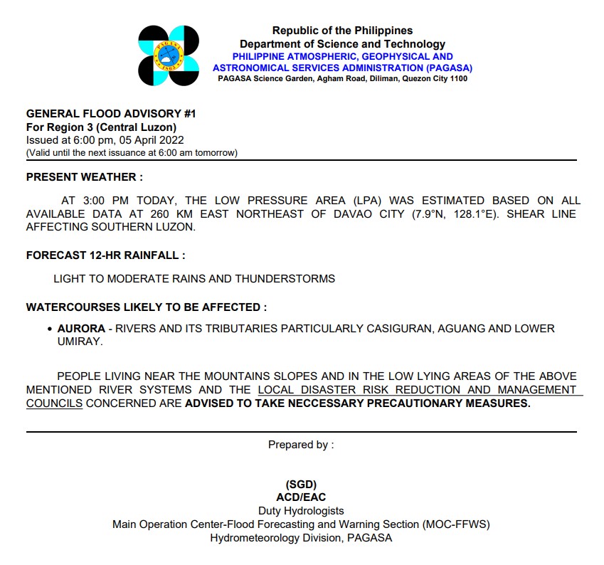 dost_pagasa's tweet photo. General Flood Advisories (GFAs) - 1/3
Issued @ 6PM, 05 April 2022
Region 2 (Cagayan Valley) - #GFA5
Region 3 (Central Luzon) - #GFA1
Region 4A (CALABARZON) - #GFA2 https://t.co/K1nclXoZse