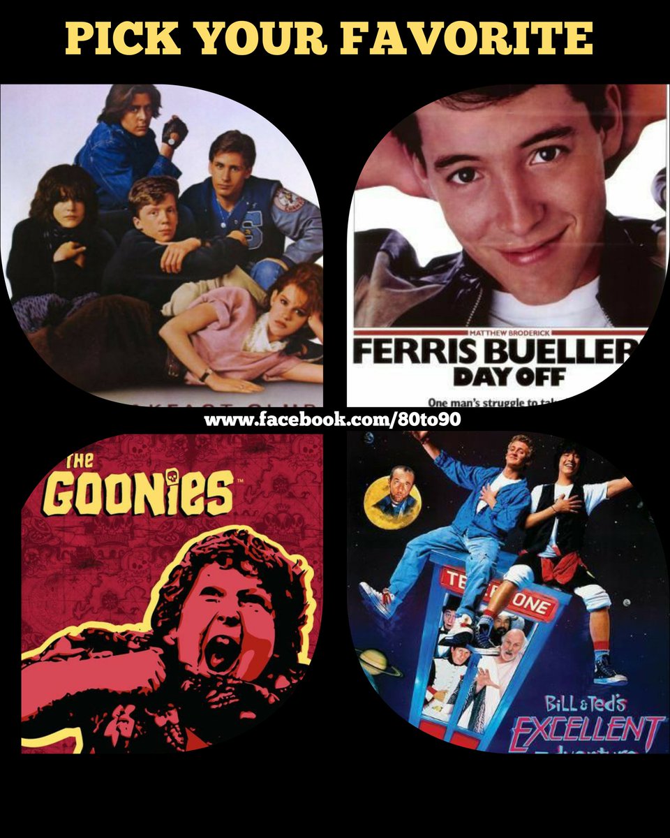 back21980s's tweet photo. Four Movies ... One Favorite.
Which one would it be?
#thebreakfastclub #ferrisbuellersdayoff #thegoonies #billandtedsexcellentadventure
#80smovies #80s #bestof80s
#mollyringwald #anthinymichaelhall #emilioestevez #allysheedy #mathewboderick #miasara #alanruck #coreydeldman https://t.co/U5qePDndTU