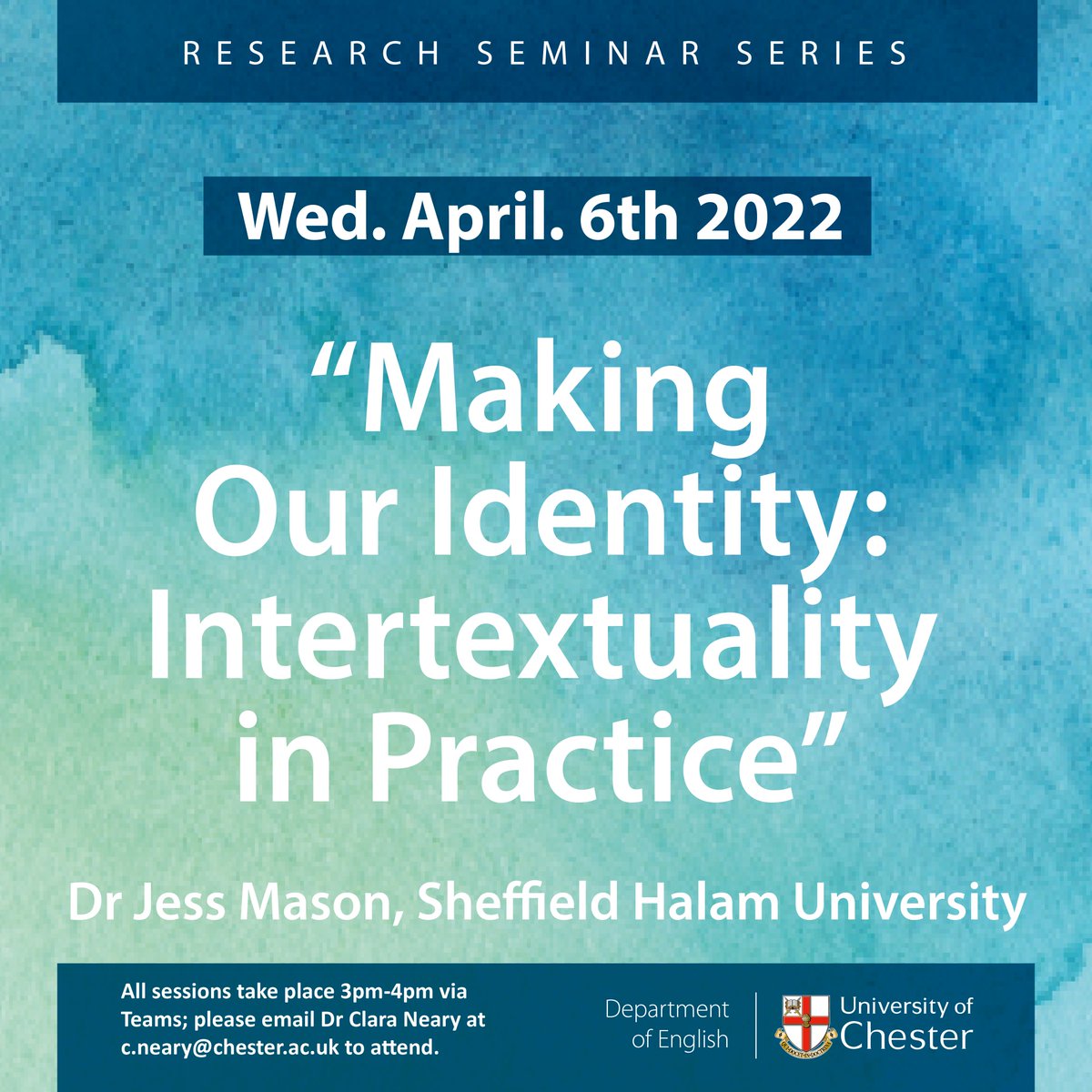 ClaraONeary's tweet photo. Really looking forward to tomorrow's final #ChesterStylistics research seminar of 2021-22  (Wed. Apr. 6th at 3pm) with @DrofletJess's research on intertextuality🥳. You're welcome to join via Teams here: https://t.co/7TQWPPi8LX https://t.co/HJOlvCbfXK