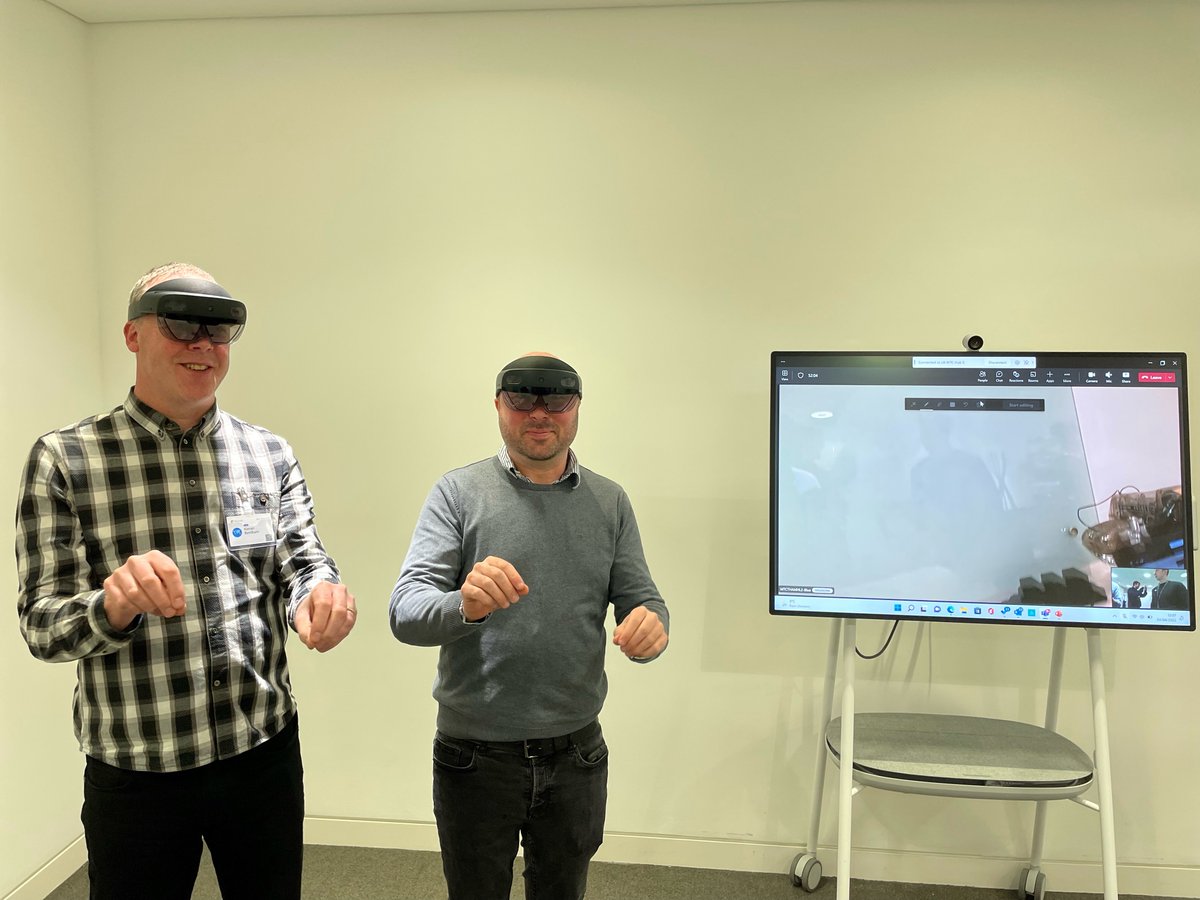 PatientComms's tweet photo. Kieran and Max sporting Microsoft Hololens2 headsets at Microsoft’s Campus in Reading with MyDentist and Carestream Dental. Could this tech be part of the future of patient engagement? Watch this space. @CarestreamDentl @mydentist_uk https://t.co/mqDDy5VqXt