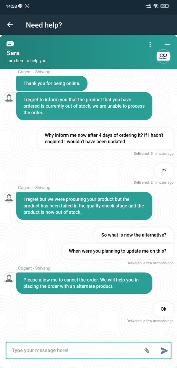 joshi_akshar27's tweet photo. @Lenskart_com Hi all, please don't order on this fraud called lenskart. They take your payment and don't update you until you ask a week after ordering that the item is out of stock. #lenskartfraud . Also they think the refund will happen in 7-8 business days. Absolute fraud. https://t.co/0JiohGE1Xz