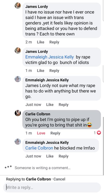 Someone on Facebook: being transphobic, misogynistic, self entitled and uses "rape victim" as an insult