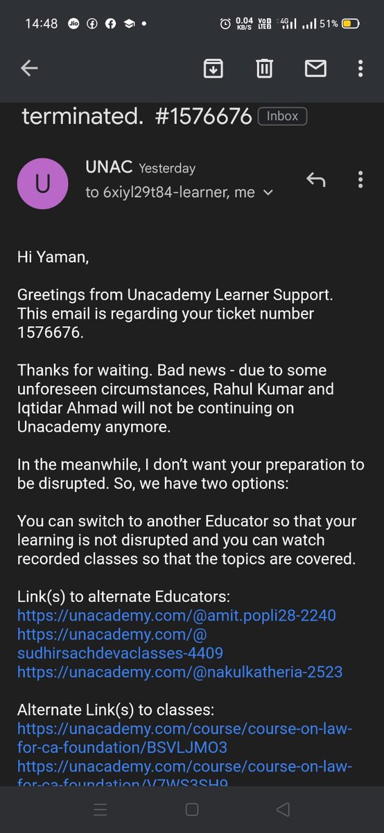kaur_b10's tweet photo. Im attaching some of the screenshots of the replies @unacademy has been giving.
Is this not red tapism? @dpradhanbjp @EduMinOfIndia 
Is this what an aspirant deserves? @RomanSaini @gauravmunjal 
Is this not exploitation of our rights?
@jagograhakjago 
Is it right? @TOIIndiaNews https://t.co/7IzN45rAiS