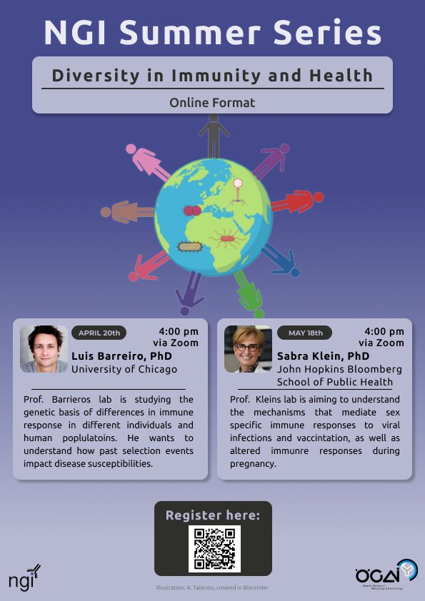 We are excited to announce our upcoming webinars on diversity in immunity &amp; health❗️

April 20, 4 PM CET: Luis Barriero <a href="/UChicago/">The University of Chicago</a>

May 18, 4 PM CET: <a href="/sabraklein1998/">Sabra Klein</a> <a href="/JohnsHopkinsMMI/">Molecular Microbiology and Immunology at JHSPH</a>

Registration: mailchi.mp/da59c772c660/b…

Please RT!
<a href="/y_efis/">yEFIS</a> <a href="/YI_dgfi/">DGFI Young Immunologists</a> <a href="/yi_SSI/">ySSI</a> <a href="/syis_ecr/">Swiss Young Immunologists Society (SYIS)</a>