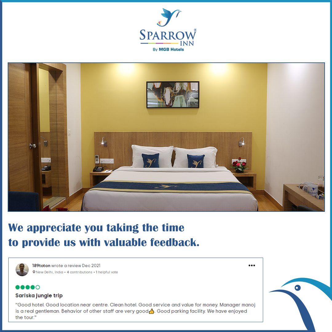 sparrowinn's tweet photo. We thank you for taking out your time and providing us your valuable feedback, as your honest remarks motivate us to work hard and deliver perfection.

Visit for more feedback- https://t.co/uhj3qUJZh7

#SparrowInnByMGB #HotelsinRajasthan #HotelsInAlwar #ComfortableStay #Rooms https://t.co/fNQvmsZkBB
