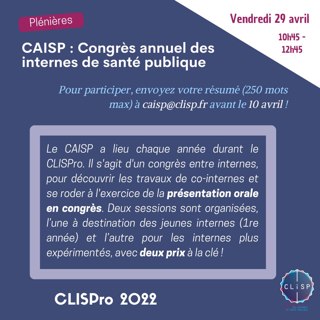 clispfr's tweet photo. Le CLISPro 2022 approche ! Il est encore temps d'envoyer un résumé pour participer au Congrès annuel des internes de santé publique. Toutes les infos : https://t.co/C4ah58hFHa
#clispro2022 #caisp #interne #santépublique #congrès #formation #paris #clisp #isp https://t.co/Ekpm5DXkt9