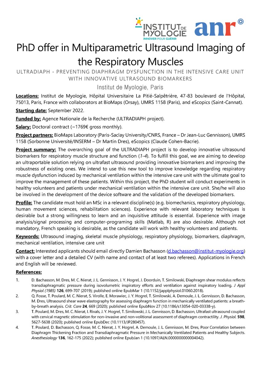 Offre de #thèse - Echographie Multiparamétrique des Muscles Respiratoires. Détails ci-dessous.
#PhD offer - Multiparametric Ultrasound imaging of the Respiratory Muscles.  Details below.
Funded by #ANR - great partnership ! Please share !