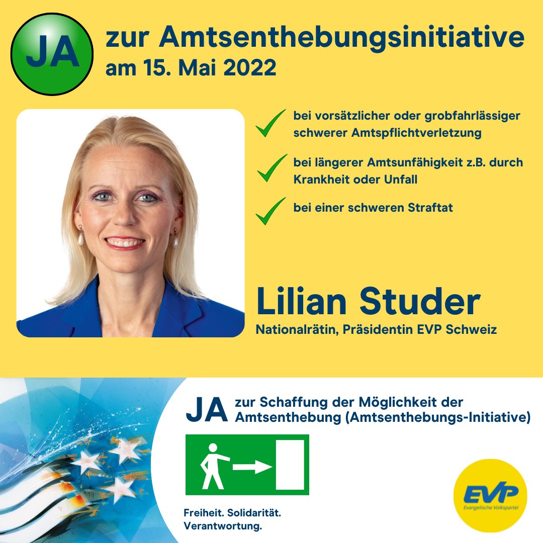 DieMitteAargau's tweet photo. Am 15. Mai Ja zur Amtsenthebung bei 
✅ vorsätzlicher oder grobfahrlässiger schwerer Amtspflichtverletzung
✅ längerer Amtsunfähigkeit z.B. durch Krankheit oder Unfall
✅ einer schweren Straftat
https://t.co/Ddjy3KNbRl @evpaargau @LilianStuder https://t.co/FYS1Vhjaox