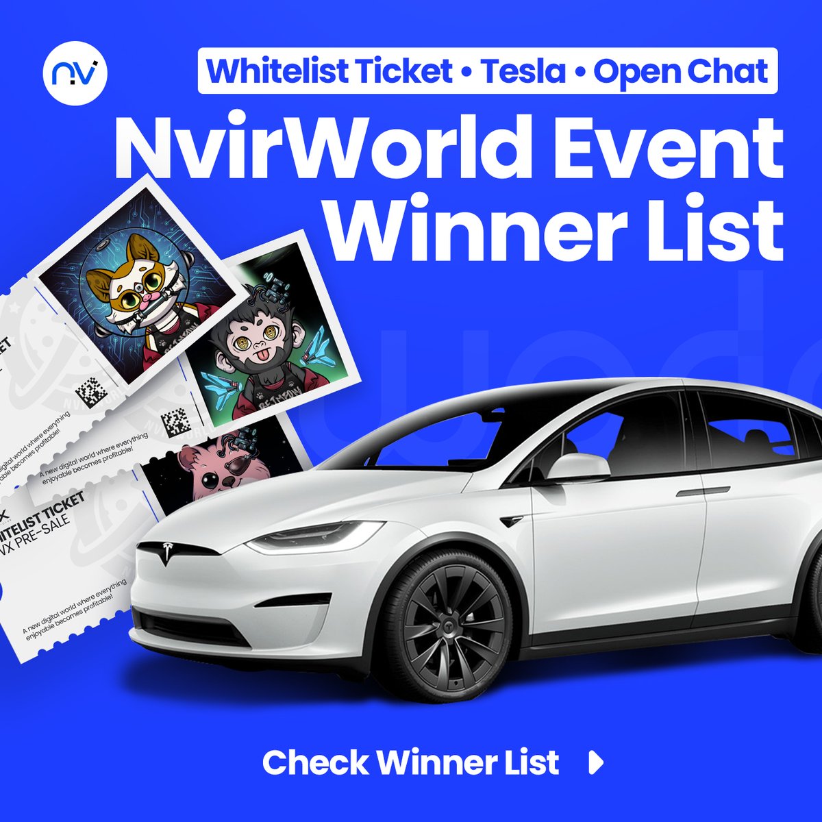 NvirWorld's tweet photo. 🎊NvirWorld Live Lottery Tesla • Whitelist Ticket • Open Chat Event Winner Announcement🎊

📌Check the Winners List: https://t.co/PkwNZqnat2

Winners MUST send Metamask/Solana wallet or image that confirms that you are the owner of a YouTube account to 
📨nvirworld.kr@gmail.com https://t.co/0Mq7eJncLP