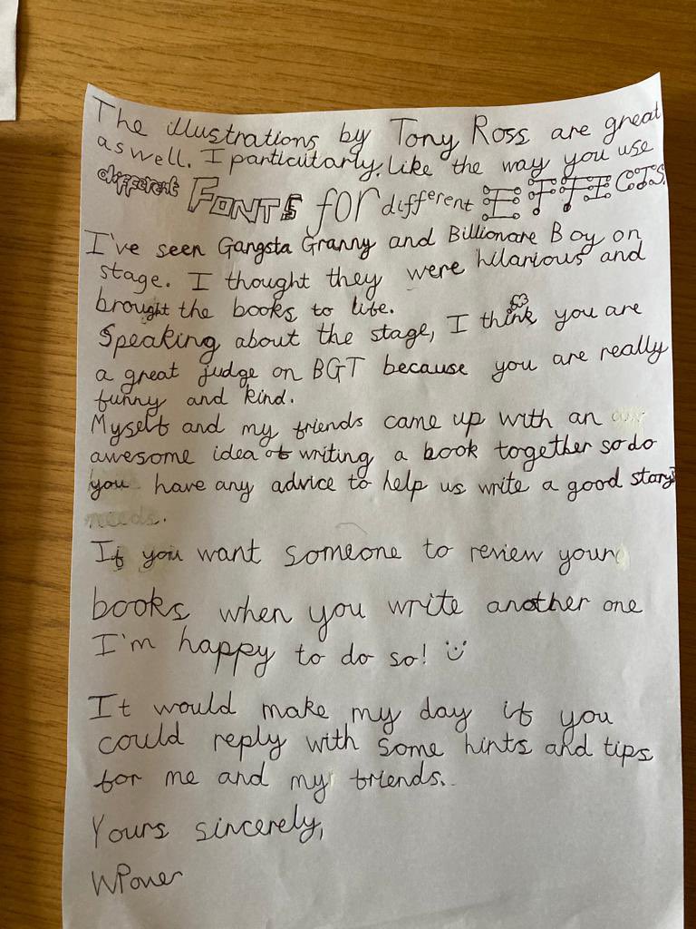 DownsMattison's tweet photo. @davidwalliams Hi, my son, William (8), sent a letter to you for his school competition at @StalyhillInfant. Can you please confirm if you have received his letter and whether he will get a reply as it has been over ? Could you possibly DM me a reply? Thank you! https://t.co/rTuBRPriPN