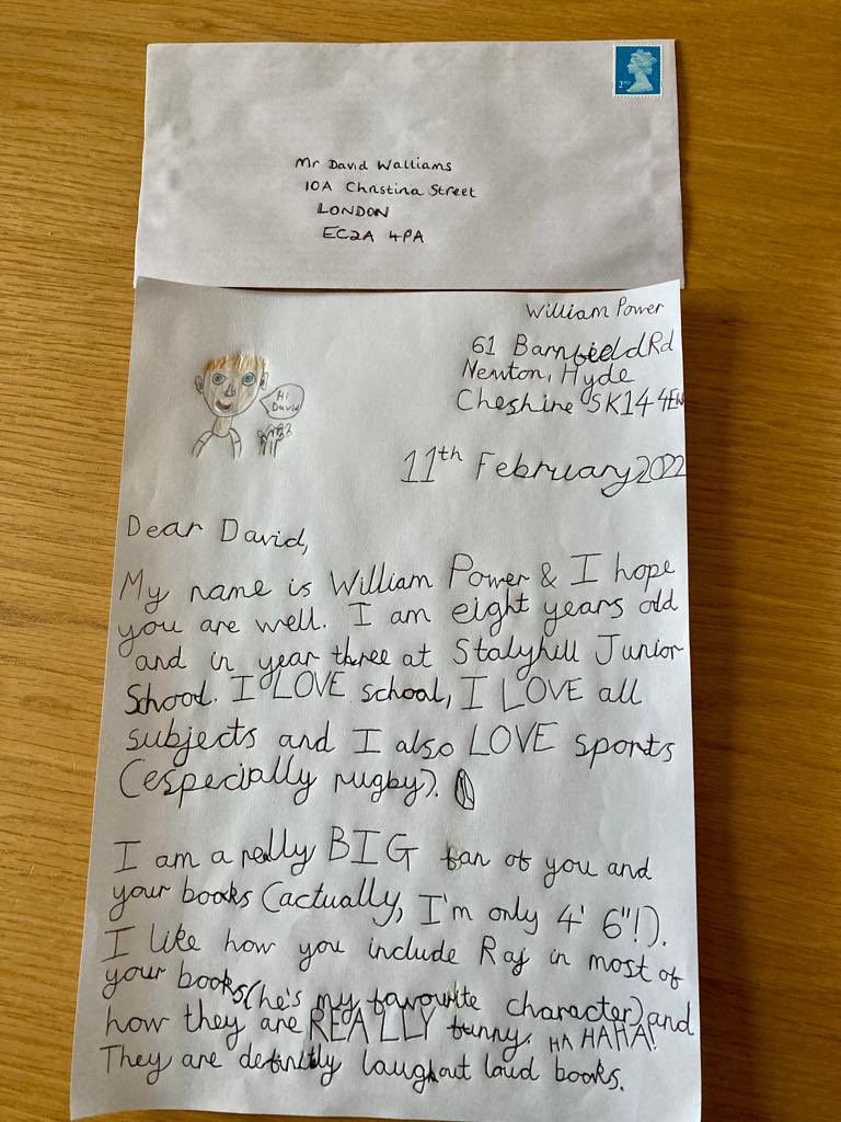 DownsMattison's tweet photo. @davidwalliams Hi, my son, William (8), sent a letter to you for his school competition at @StalyhillInfant. Can you please confirm if you have received his letter and whether he will get a reply as it has been over ? Could you possibly DM me a reply? Thank you! https://t.co/rTuBRPriPN