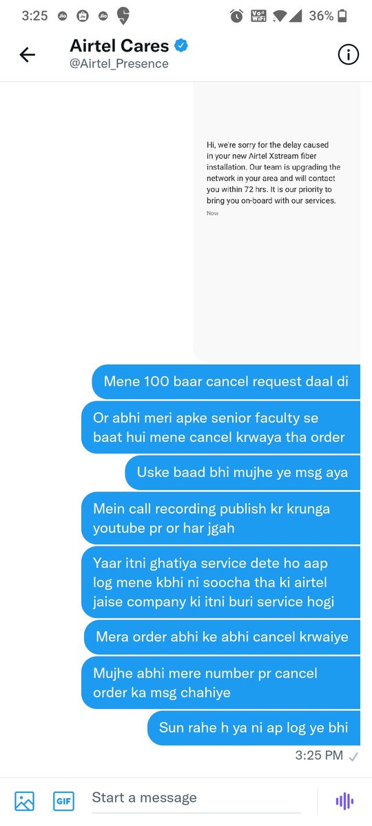 Anmol20oct's tweet photo. @BhushanTwits @airtelindia @Airtel_Presence 1000 baar mene cancel request dali h, payment lekr beyhgyi company ab na hi ye log wifi laga kr de rhe h or na hi request cancel kr rhe h . https://t.co/FXMFzHbJEg
