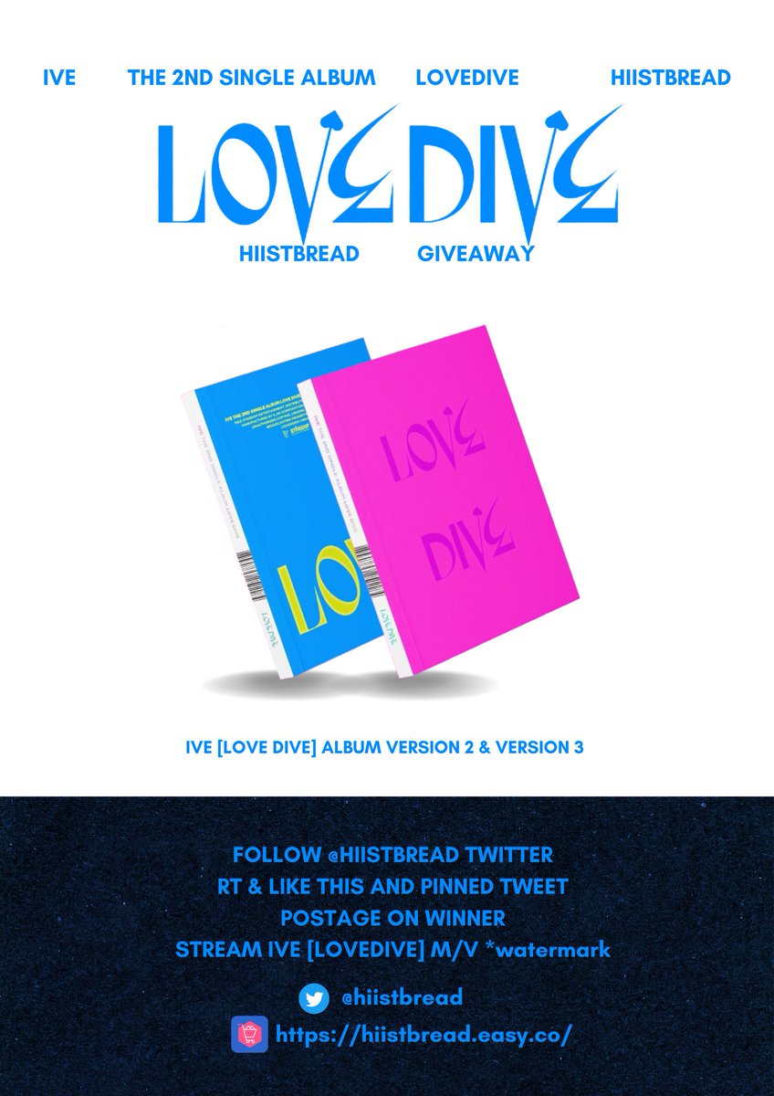 hiistbread's tweet photo. ❤️HIISTBREAD IVE [LOVEDIVE] GIVEAWAY 💙

—
IVE [LOVE DIVE] ALBUM VERSION 2 &amp; VERSION 3 

Follow @hiistbread twitter
RT &amp; Like this and pinned tweet
Postage on winner (Malaysian Dives Only)
Stream IVE [LOVEDIVE] M/V *watermark https://t.co/KQqYKu606s