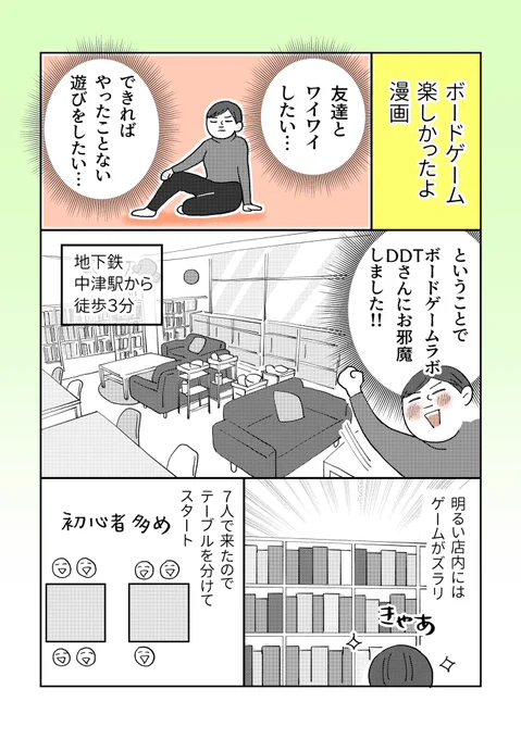 【ボードゲーム楽しかったよ漫画(再掲)】(1/2)
大阪中津のボードゲームラボDDTさんにお邪魔した時のレポ漫画です。ボードゲーム、itoとかならオンラインでも出来るのでは…?と画策してる🤔

#漫画が読めるハッシュタグ 
#コミックエッセイ 