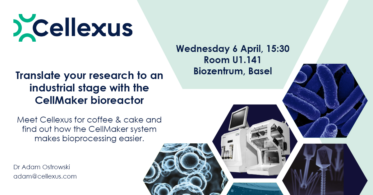 CellexusInt's tweet photo. Our Sales Director, Fiona, is presenting at @biozentrum tomorrow!
Join her for a coffee and a slice of cake, and discuss how you can translate your research to an industrial stage using the CellMaker bioreactor.
#biozentrum #cellmaker https://t.co/Pvk2Ygib48