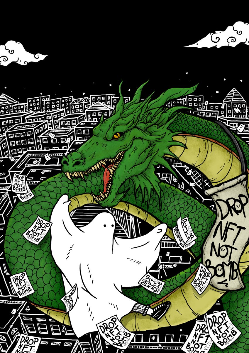 paldipaldi's tweet photo. Hello!

The Ghost And The Dragon
Just a ghost and a dragon who flew over the sky and spreading away the #dropNFTnotBOMB's flyer. Stop war! Just.. stop!

This is a collaboration between 
@paldipaldi and @DSart_Project for @TheRotyBroi's #BlindDate4Peace.

https://t.co/02njU4JgsR https://t.co/tiEJci2dC9