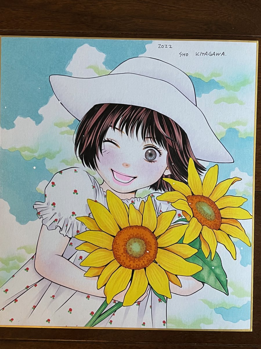 1girl flower solo one eye closed sunflower hat smile  illustration images