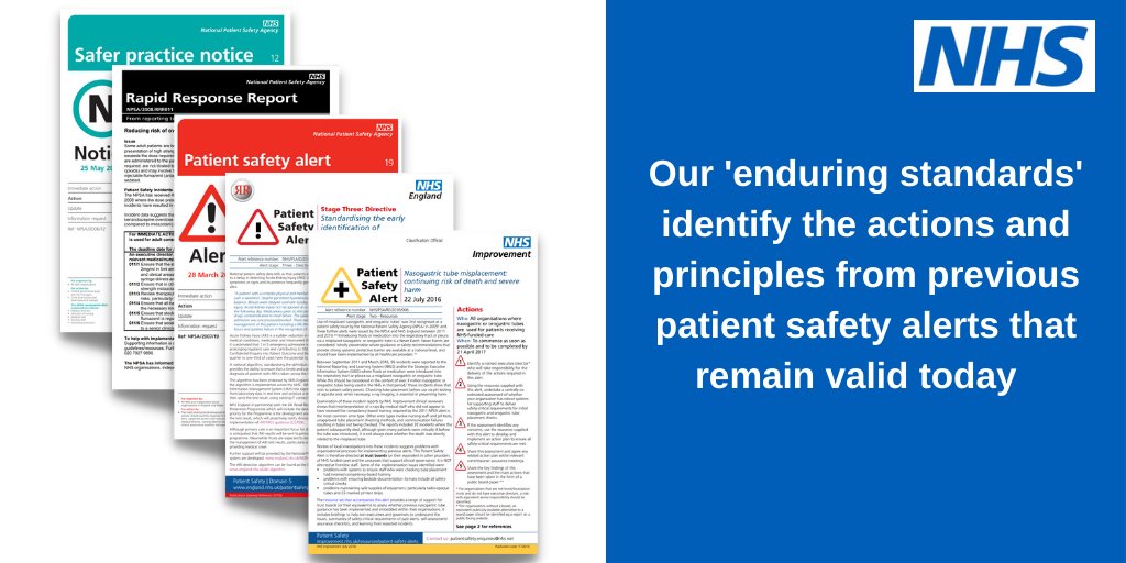ptsafetyNHS's tweet photo. To support providers to identify actions from previously issued Patient Safety Alerts that remain valid today, we have published a set of ‘enduring standards’ and 'general principles'. This follows a clinical review of alerts issued up to November 2019 https://t.co/2KcLBGIlZB https://t.co/YCl9b9Mpqw