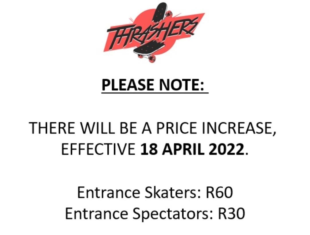 ThrashersSkate's tweet photo. Guys, we regret to inform you that there will be some price changes. From 18 April moving forward entrance among other things will go up in price ☹️. It sucks but it has to happen.

#ThrashersSkatepark https://t.co/iM9toDczlC