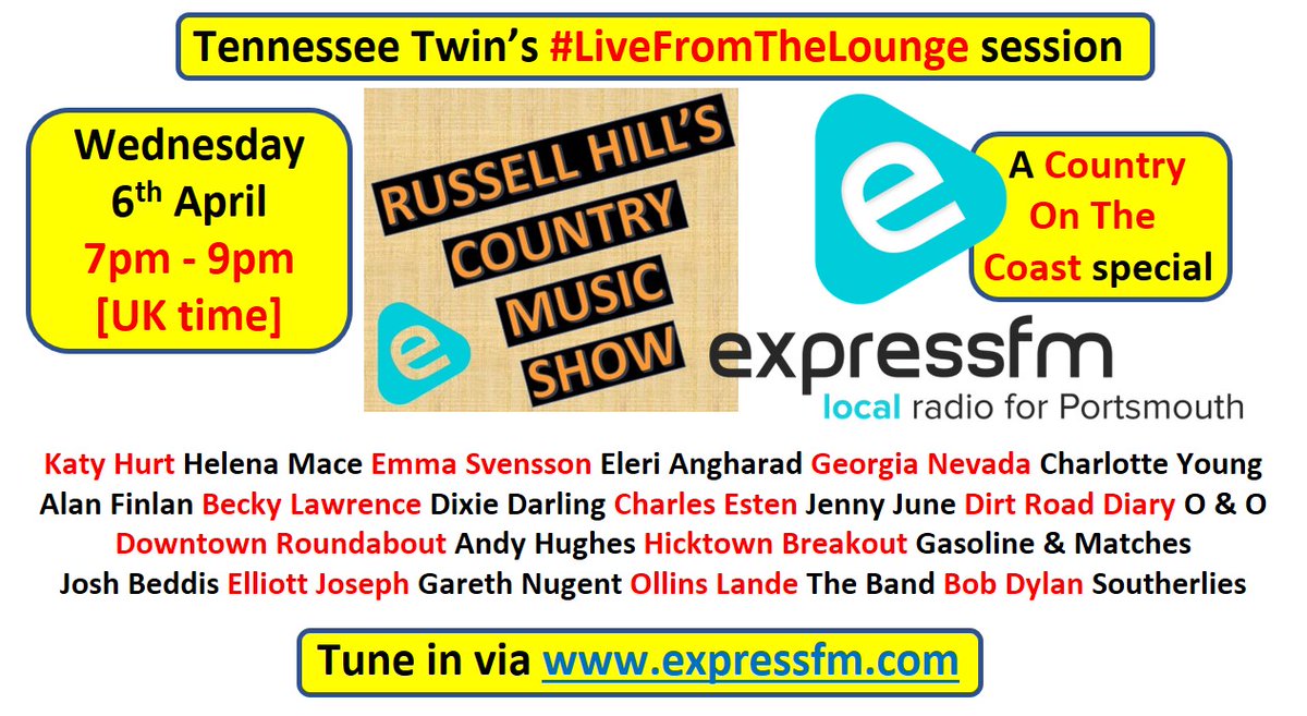 Catch a #CountryOnTheCoast special of my show on @ExpressFM this Wednesday 7pm-9pm [UK time], including @tennesseetwinuk's #LiveFromTheLounge session + crackers by @KT_Hurt13 @HelenaMace @GeorgiaMusicUk @dixiedarling07 @BeckyLawrenceUK @oandoduo @DirtRoadDiaryUK @beddis_josh