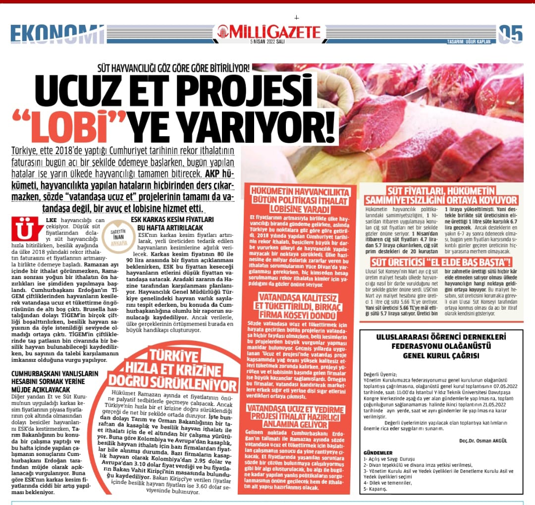 Ucuz et projesi “lobi”ye yarıyor!

Türkiye, ette 2018’de yaptığı Cumhuriyet tarihinin rekor ithalatının faturasını bugün acı bir şekilde ödemeye başlarken, bugün yapılan hataların faturası ise yarın daha ağır olacak.

milligazete.com.tr/haber/9837222/…