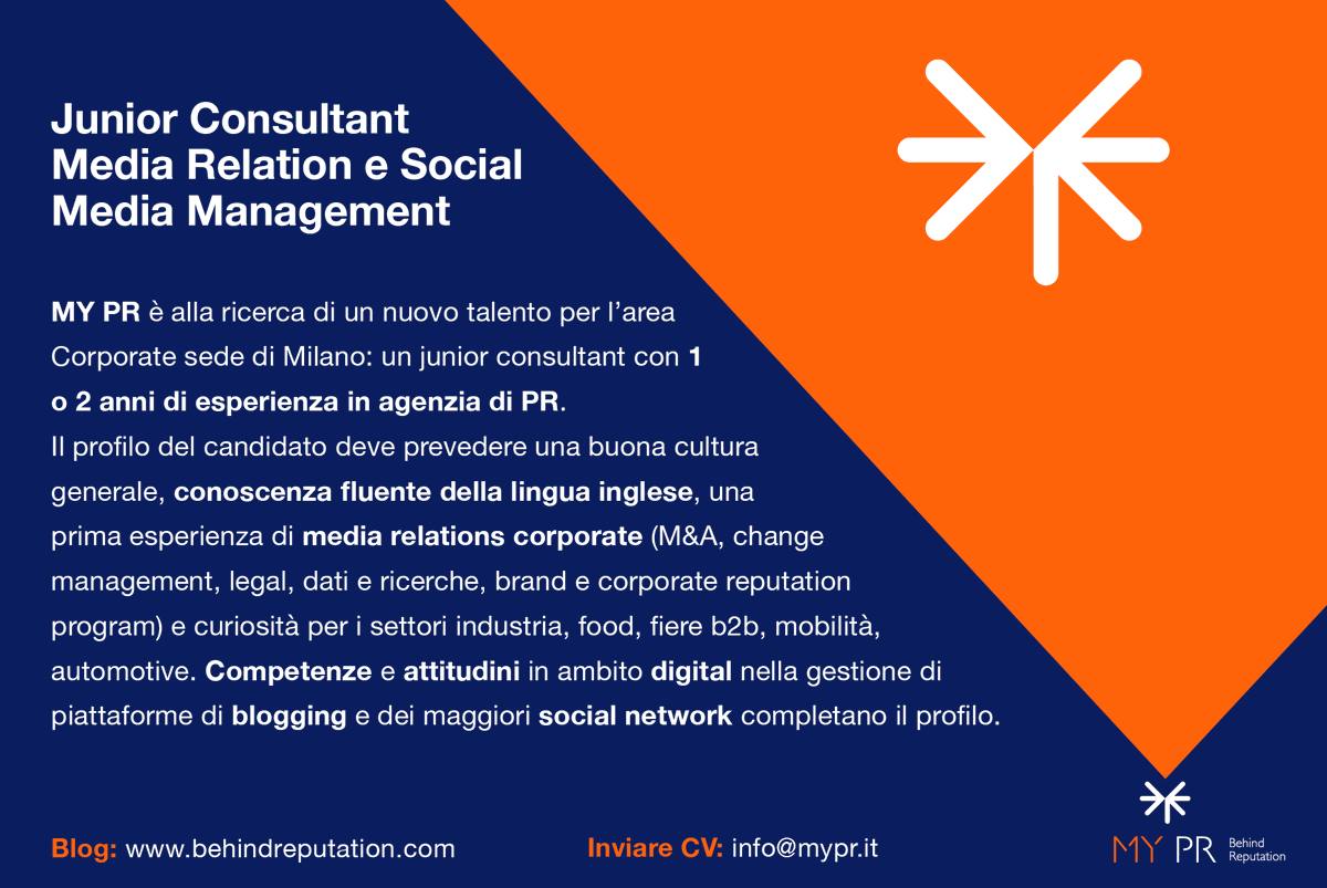 #WeAreHiring!
Siamo alla ricerca di un Junior Consultant per il nostro team Corporate.

Scrivici qui oppure a info@mypr.it

#PR #DigitalPR #UfficioStampa
#Recruiting #Hiring