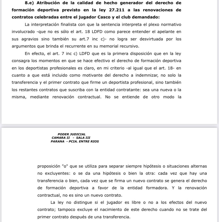 Interesante fallo sobre la aplicabilidad de los derechos de formación (Ley 27.211) en la renovación del contrato profesional de un jugador respecto de un mismo club.