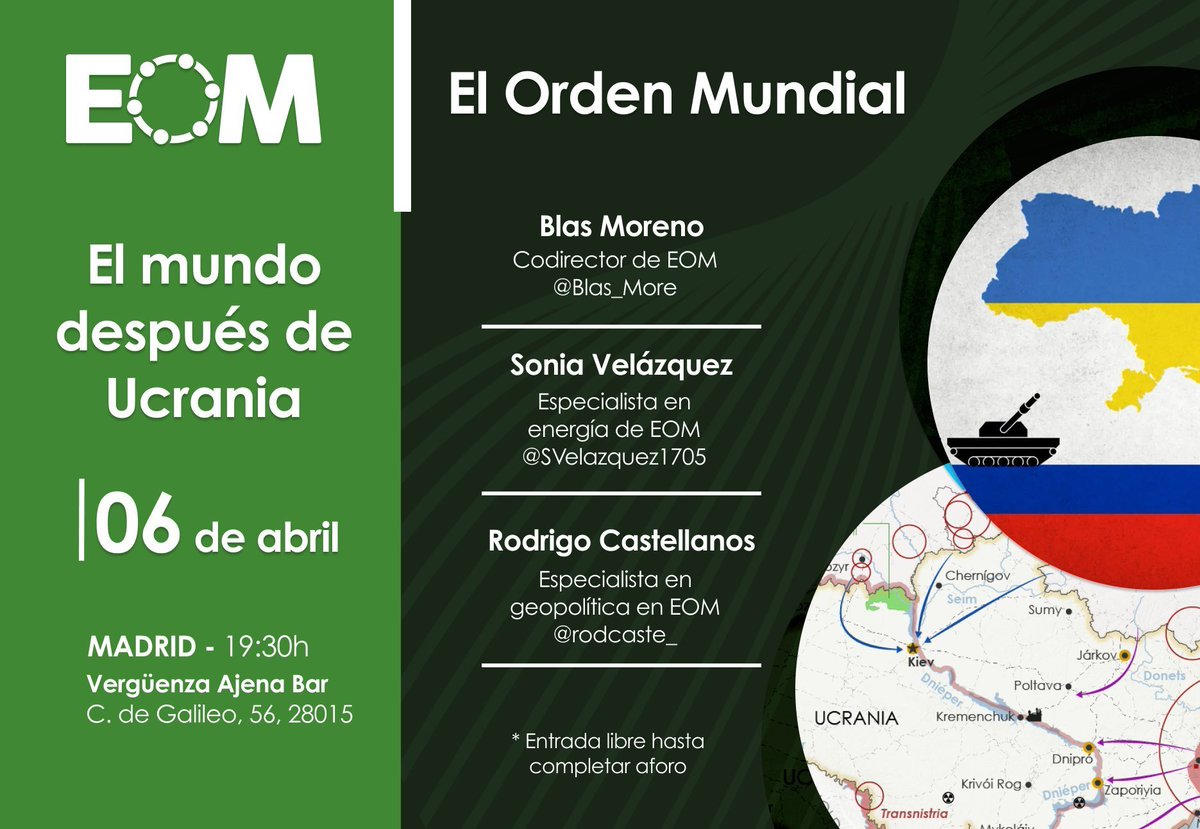 SVelazquez1705's tweet photo. ¡@elOrdenMundial retoma sus eventos!

Mañana por la tarde @Blas_More , @rodcaste_  y yo charlaremos sobre el mundo tras la invasión de Ucrania
➡️ geopolítica, recursos, energía e intereses...
➡️qué nos espera en el futuro🧐❓🔋

¡Aquí os dejo la info!👇 https://t.co/wov0BoH0Nh