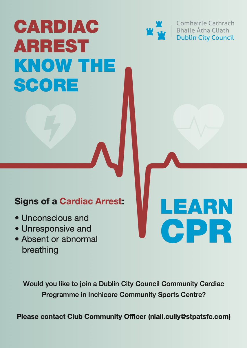 stpatsfc's tweet photo. 𝘾𝘼𝙍𝘿𝙄𝘼𝘾 𝘼𝙍𝙍𝙀𝙎𝙏 - 𝙆𝙉𝙊𝙒 𝙏𝙃𝙀 𝙎𝘾𝙊𝙍𝙀!

Our Community Cardiac Programme with @DubCityCouncil will run for 6 weeks every Friday from April 22nd in Inchicore Community Sports Centre from 11am-12 

Details on how to sign up below

#StPatsFC #SaintsInTheCommunity https://t.co/Qp2XvwbWSd