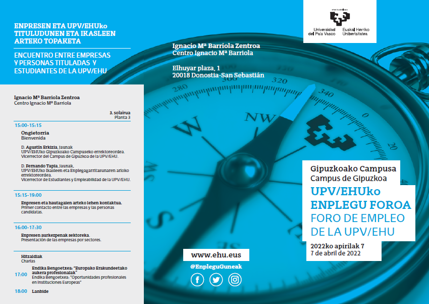 EnpleguGuneak's tweet photo. 📣UPV/EHUko #Enplegu #Foroa (Gipuzkoako Campusa) @upvehu 
🗓️Apirilak 7 osteguna, 15:00-19:00, Barriola eraikinean
https://t.co/6BikPjkwQH https://t.co/y4RYU856oh