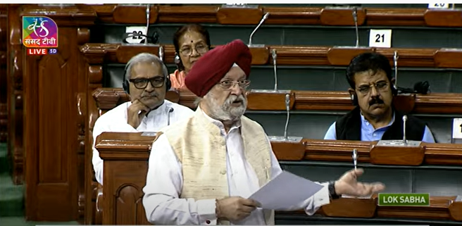 ANI's tweet photo. Fuel prices hiked in India are 1/10th of prices hiked in other countries. Comparing gasoline (petrol) prices between Apr 2021 &amp; Mar 22, the prices in US have increased by 51%, Canada 52%, Germany 55%, UK 55%, France 50%, Spain 58% but in India 5%: Union Min HS Puri in Lok Sabha https://t.co/GqkmtO4bQs