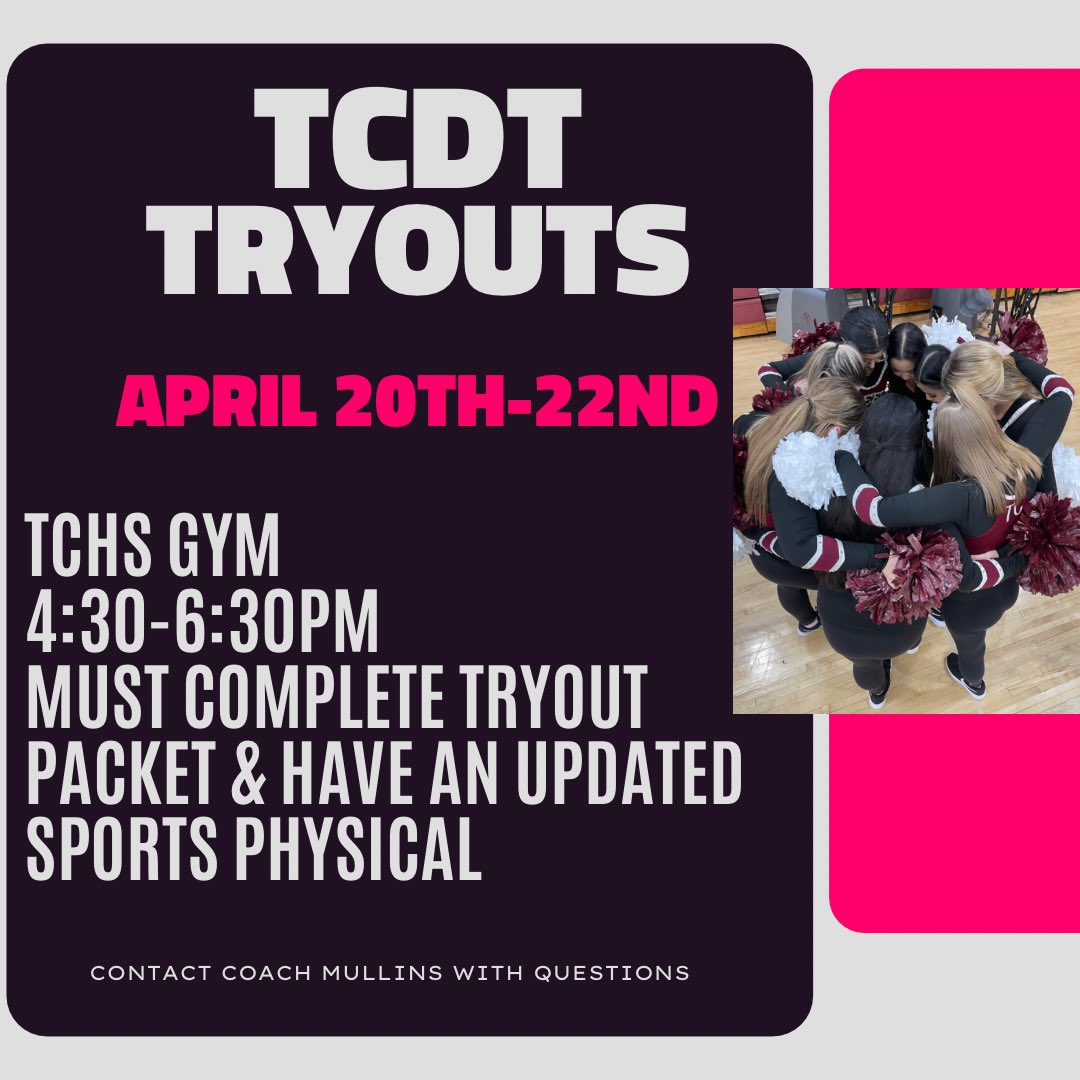 tatescreekdance's tweet photo. We can’t wait to start this new season!! Tryout packets and physicals are posted on the school website and outside Coach Mullins’s classroom!! See you all soon! https://t.co/7BQzBtZC39