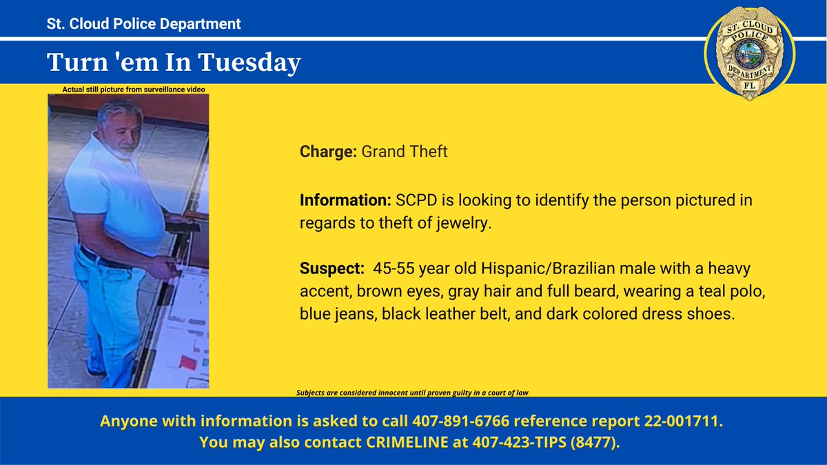 StCloudPD's tweet photo. The St. Cloud Police Department is looking to identify the subject pictured below. If you have any information, please call the number at the bottom of the picture or contact @CrimelineFL at 407-423-TIPS (8477). #tips #turnemintuesday #CrimeLine #scpd https://t.co/m6jSWcp4KV