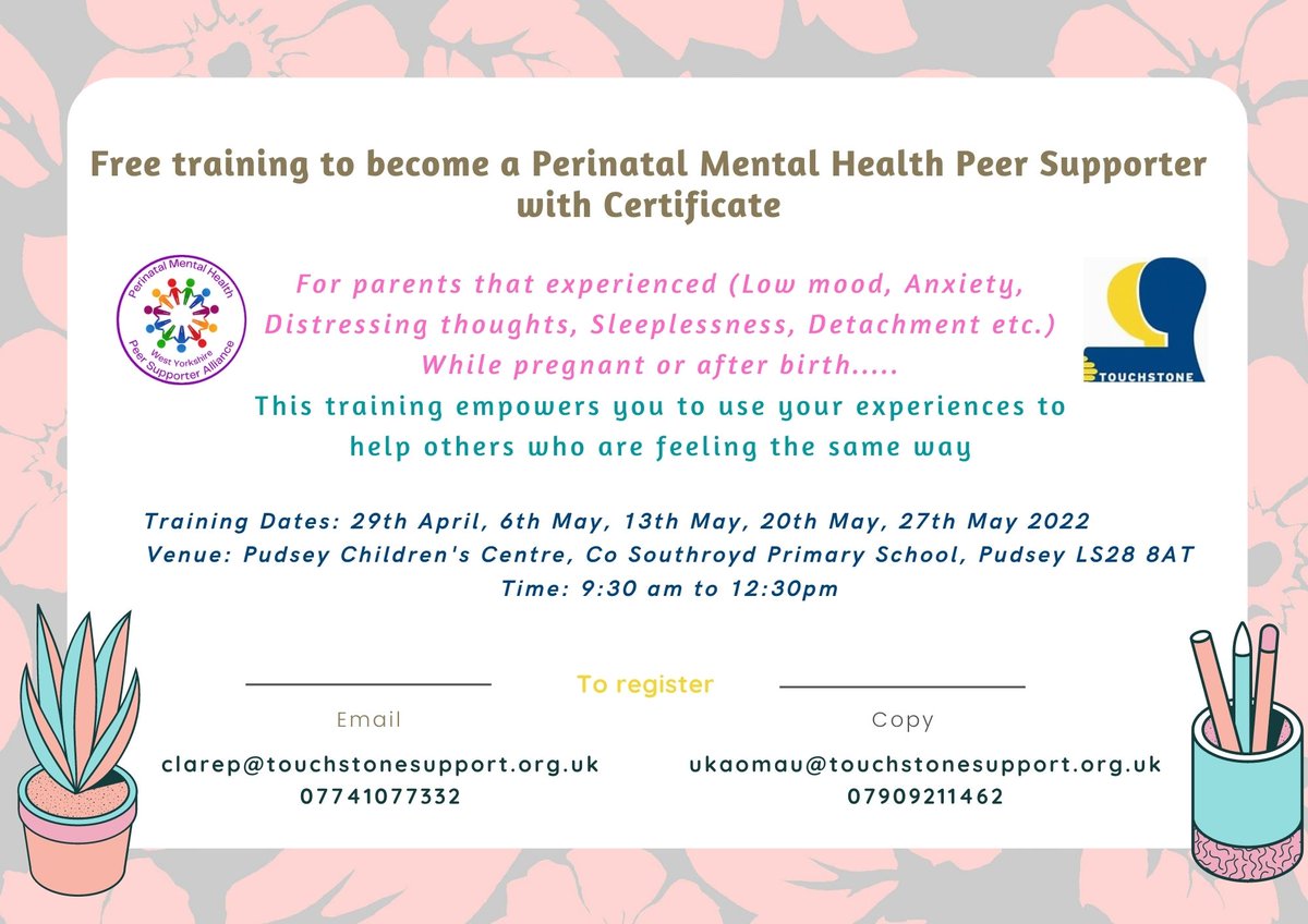 Free training near you, for Parents!
<a href="/touchstone_mp/">MyPlan Perinatal Service - Touchstone (Bradford)</a> <a href="/hmpartnership/">The Hearts & Minds Partnership</a> <a href="/Touchstone_Spt/">Touchstone</a> @cp_touchstone <a href="/DClin_Perinatal/">Perinatal Research: Black Mothers Experiences</a> <a href="/BradfordVDoulas/">Bradford Doulas</a> <a href="/MindWellLeeds/">MindWell</a> <a href="/LeedsDads/">Leeds Dads</a> <a href="/daddyblues_/">daddyblues</a> <a href="/LeedsPeer/">Leeds Peer Support Network</a> <a href="/pudseycommunity/">Pudsey Community</a> @cp_touchstone <a href="/Netmums/">Netmums</a> <a href="/pudsey_carnival/">Pudsey Carnival</a>