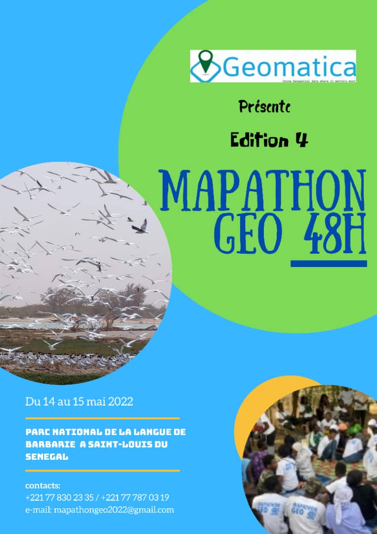 Geomatica vous invite à participer à l'édition 4 du #Mapathon Geo 48H du 14 au 15 mai 2022 au Parc National de la Langue de Barbarie (PNLB) à #saintlouis  du Sénégal. 
Autres activités : 👇👇
#Reboisements 
 #Décompte d'oiseaux 
 #Geocaching 
 #Fresques sur la biodiversité