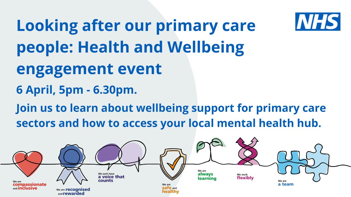 Calling all colleagues in primary care! There's still time to register for tomorrow's webinar, which focuses on the health and wellbeing support available to you and how you can seek support through your local mental health hub. Info at bit.ly/3u9RlAo <a href="/PrimaryCareNHS/">We are Primary Care</a>