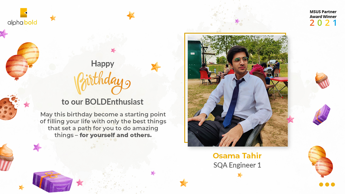 AlphaboldInc's tweet photo. Happy Birthday, Osama Tahir! 🎂
#AlphaBOLD wishes our QA team’s valuable member a warm birthday with prayers that may your life be filled with countless blessings that lead to auspicious years ahead. ☺😊
#BirthdayWishes #BirthdayCelebrations #Celebrations #AprilBorn #HappyVibe https://t.co/8gwYytXE8g