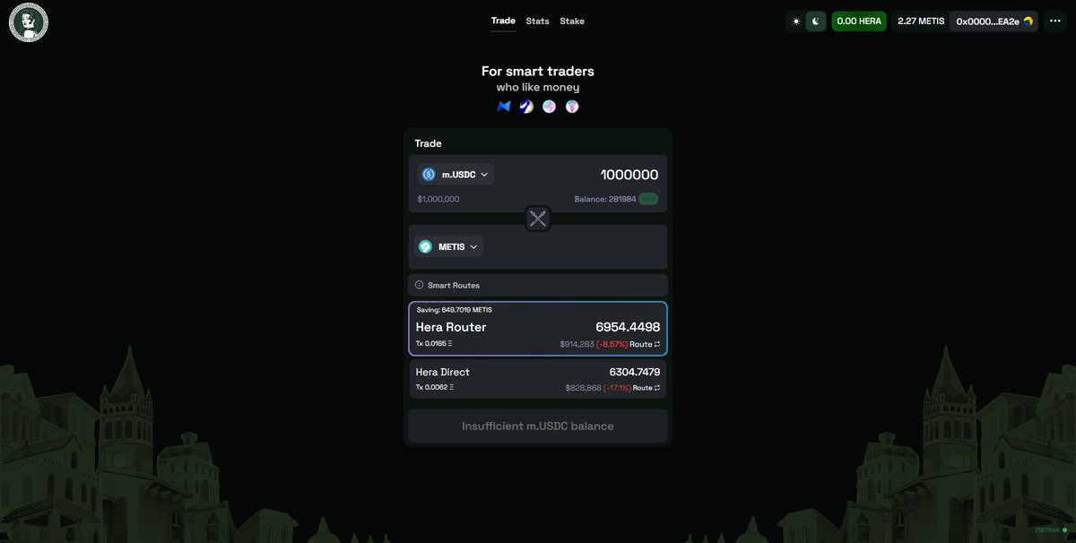 HeraAggregator's tweet photo. Sneak peak from #HeraAggregator 👀

AI powered off-chain best route generator combined with multi-hop and trade splitting; here is the result 🌟

$HERA #Metis #DexAggregator https://t.co/rfSITgskBg