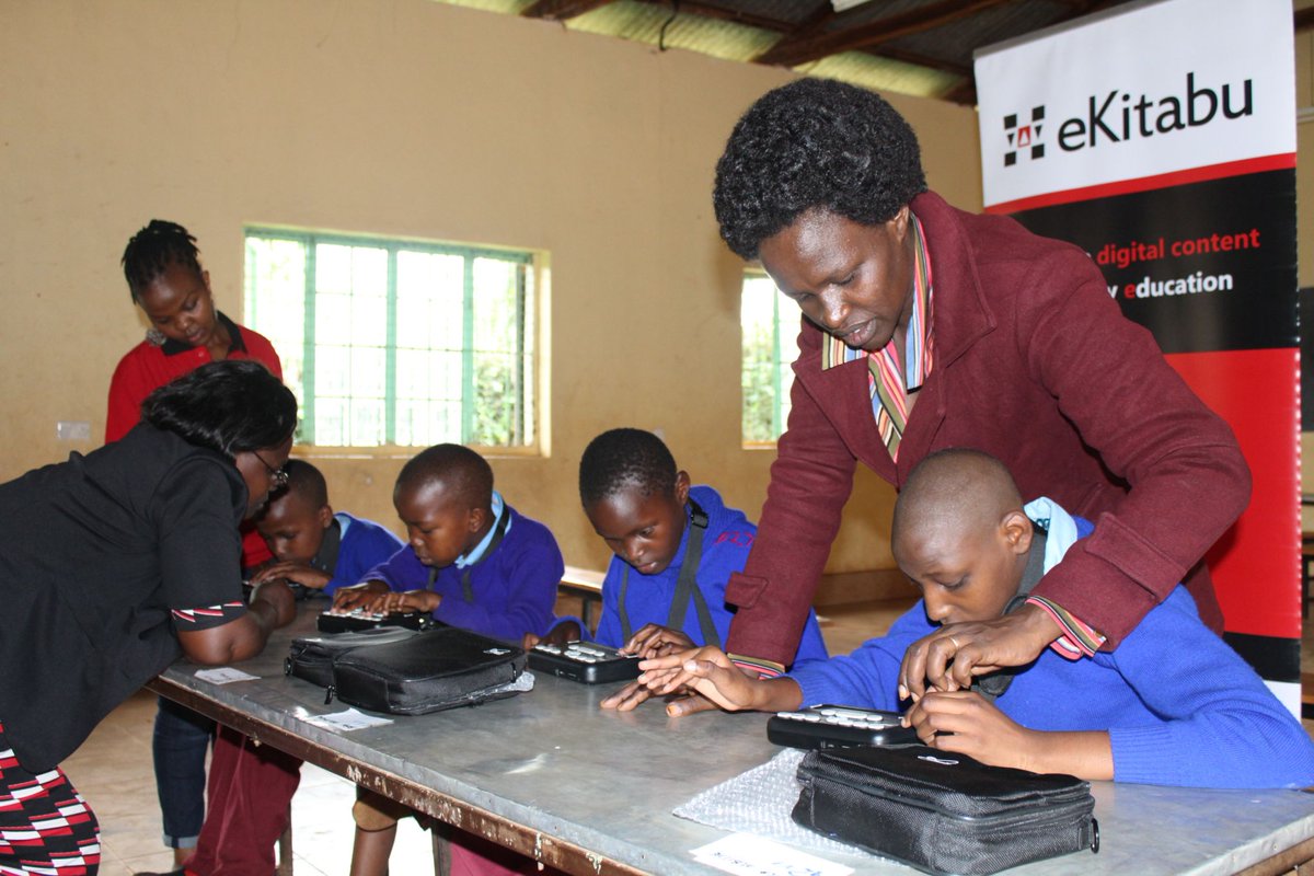 ekitabu's tweet photo. Teachers and students at Kangundo DEB Primary school interacting with #OrbitReader20 devices during a #training session. The training impacted them to access and use eKitabu’s accessible braille digital content in their school #IclusiveEducation https://t.co/wwHsOKaQY3 https://t.co/ZAkG9A9Wbq