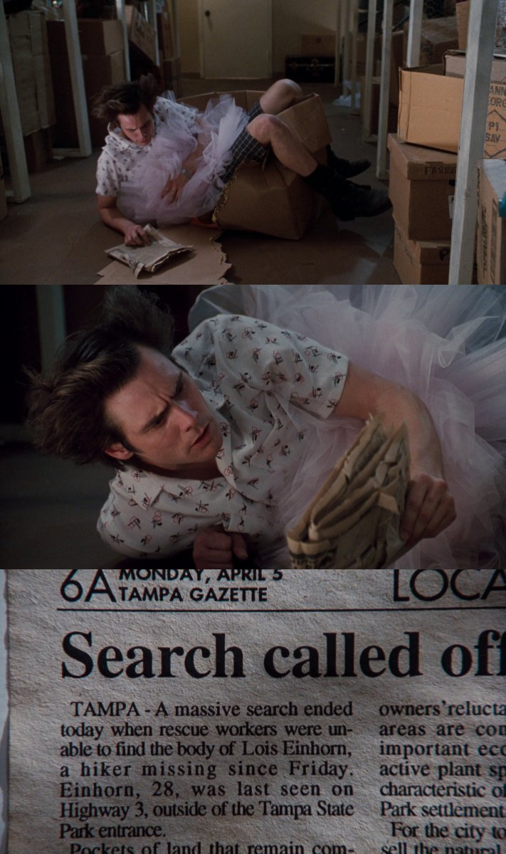 Apr 5th - The Tampa Gazette printed an article stating police had called off the search for Lois Einhorn, a missing hiker #AceVentura #PetDetective