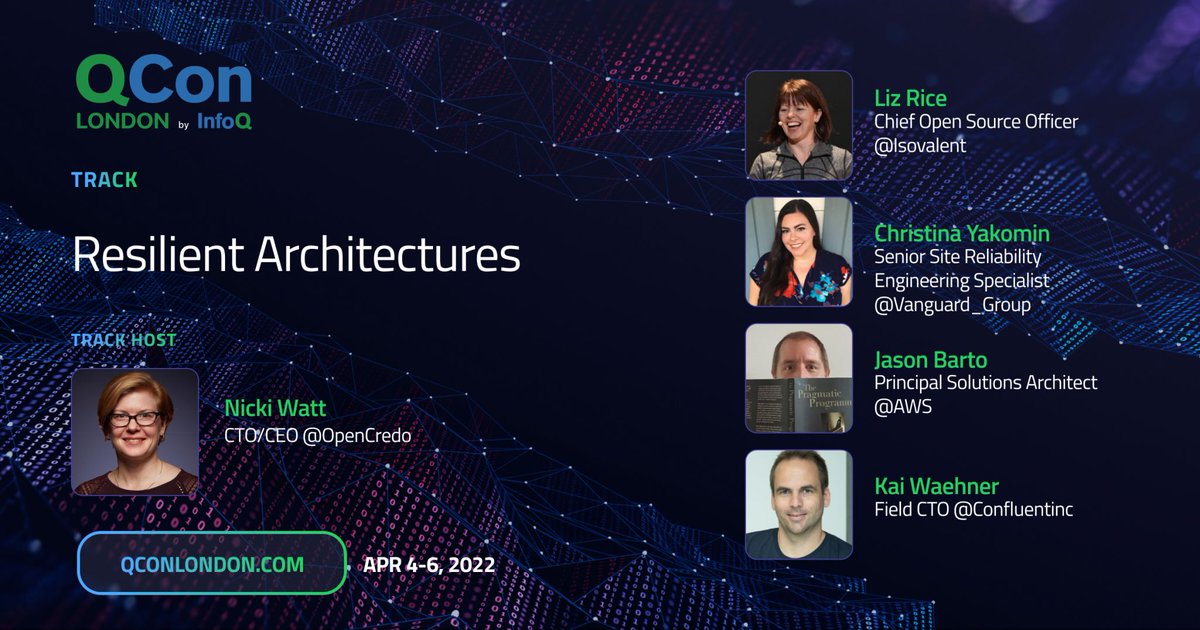 Attending @QCon Today? Don't forget to check out the Resilient Architectures track hosted by @techiewatt! There will be some great talks from @lizrice, @SREChristina, @Jason_Barto & @KaiWaehner qconlondon.com/londonmar/trac… #resilientarchitecture #softwarearchitecture