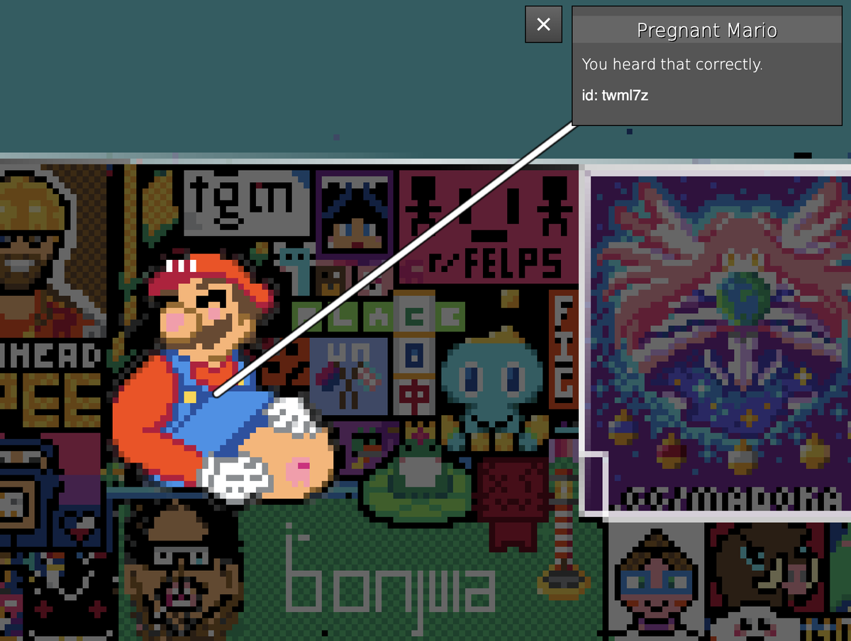 Kocobe's tweet photo. Voici l'Atlas de /r/place qui vous explique tous les bails qui ont été dessinés sur la grande toile.

Y compris ceux dont vous ignorez complètement le fait que vous ne voulez pas du tout les connaitre 😌

https://t.co/PsxBOWwE9z https://t.co/d5TAxUWwYI