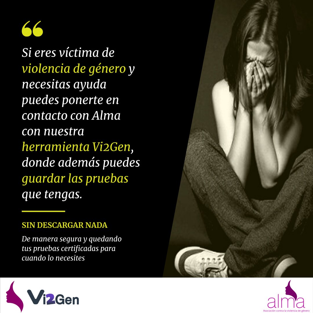 Asociacion_ALMA's tweet photo. Si sufres #violenciadegénero y necesitas ayuda ahora puedes ponerte en contacto con nuestra asociación por medio de #Vi2Gen una herramienta que no deja rastro y donde puedes guardar las pruebas que puedas tener 👉 https://t.co/GxvWMmZIgU https://t.co/xcy5ljH7qP