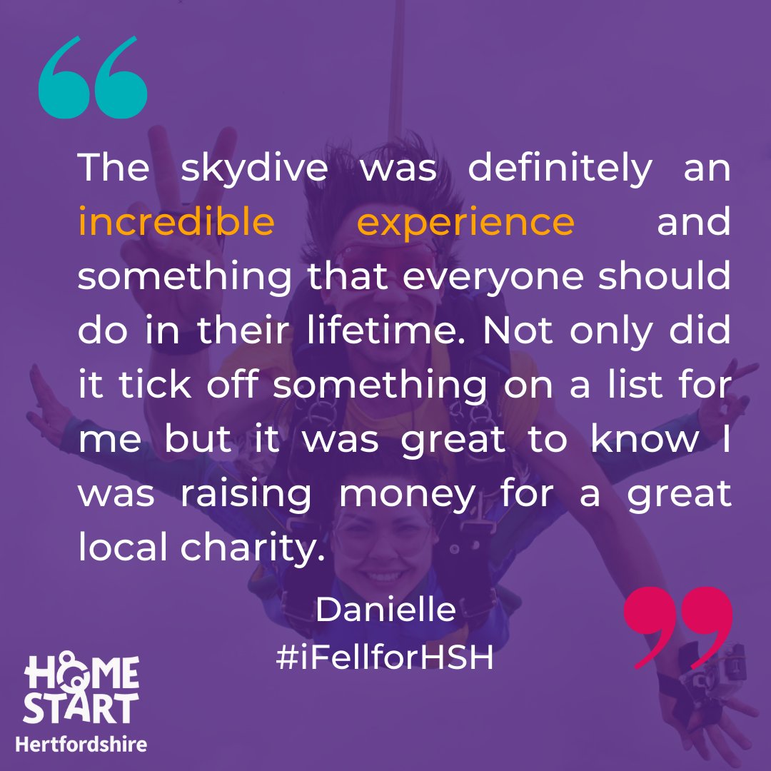 HomeStartHerts's tweet photo. Let us help you tick off ☑️ your bucket list whilst you help us raise money to support vulnerable families in #HERTFORDSHIRE
#FallforHSH: Sun 12th June @skydivesparky
#RideforHSH: Sun 29th May @RideLondon-Essex 100
Contact liz@home-startherts.org.uk
Bookings close 29/04/22 https://t.co/7OERPOrVqg
